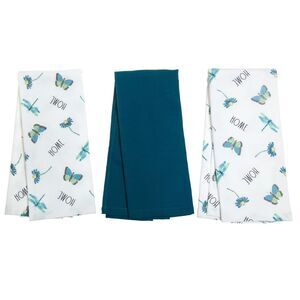 Rae Dunn Home Kitchen Towels 3-pc Butterfly Dragonfly Daisy Navy Blue White NEW